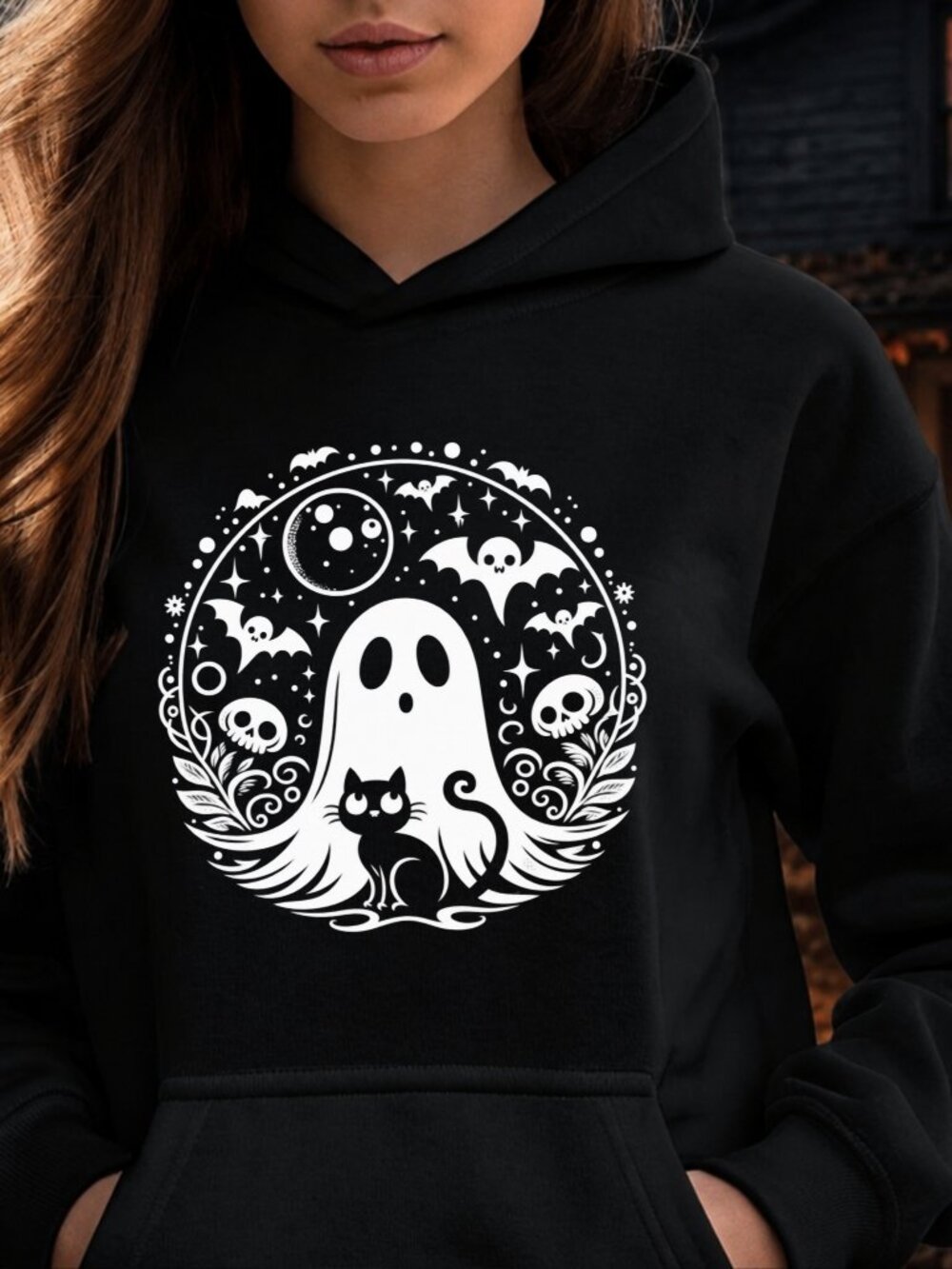 Halloween Spooky Ghost Circle HOODIE Graphic Sweatshirt Adult Cat Bats Skull
